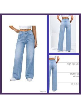 Wide Leg High Waisted Stretchy Denim Jeans Baggy Pants with Pockets